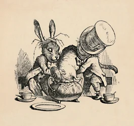 Il Cappellaio Matto e la Lepre Marzolina cercano di mettere il Ghiro in una teiera, 1889
