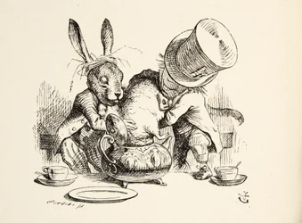 Il Cappellaio Matto e la Lepre Marzolina mettono il Ghiro nella Teiera, da Le Avventure di Alice nel Paese delle Meraviglie di Lewis Carroll, pub. 1891