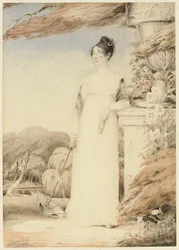Ritratto di Ann Miles, poi signora John Sell Cotman, a figura intera, con la mano destra che tiene un parasole e il braccio sinistro appoggiato su un plinto