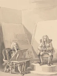 Hogarth che realizza un ritratto di H. Fielding, per un libraio, dai tratti di Garrick che ha preso in prestito una delle parrucche dell