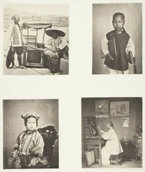 Una sedia a portantina di Hong Kong, un ragazzo della scuola cinese, una ragazza cinese, un artista di Hong Kong, c. 1868