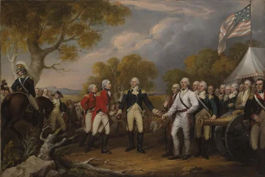 Battaglia di Saratoga, il generale britannico John Burgoyne si arrende al generale americano Horatio Gates, 17 ottobre 1777, c.1822-32