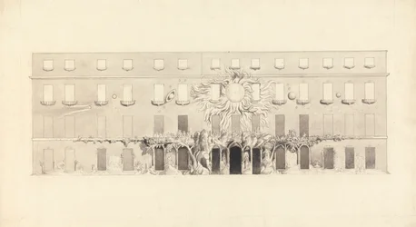 Disegno architettonico di un edificio con simboli astrologici