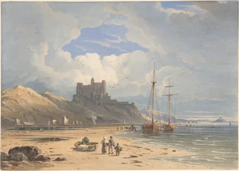 Castello di Bamborough da nord-est, con Holy Island in lontananza, Northumberland