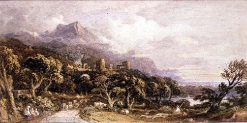 Paesaggio con castello e montagna
