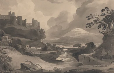 Paesaggio montano con rovine di un castello su una scogliera