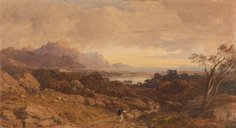 Paesaggio romantico con montagne lontane