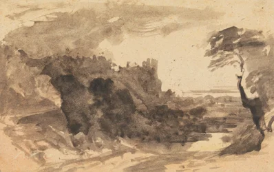Paesaggio romantico con un castello e un albero a destra