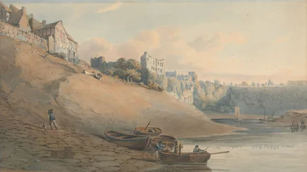 Veduta del castello di Chepstow, Monmouthshire, da sotto il ponte