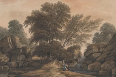 Figure accanto a una cascata e una piscina in un paesaggio boscoso, 1812