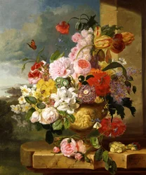 Natura morta di fiori in vaso (tra cui narcisi, rose, tulipani e primule). Dipinto di John Wainewright (nato nel XIX secolo) Collezione privata.