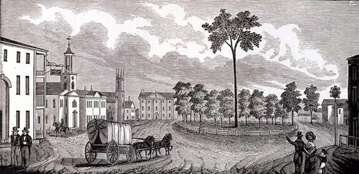 Parte centrale di Pittsfield, Massachusetts, da Collezioni storiche del Massachusetts, di John Warner Barber, inciso da S. E. Brown, 1839