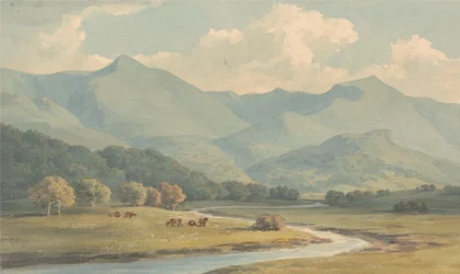 Carnedd Llewelyn e Carnedd David, Carnarvonshire, visti attraverso il fiume Ogwen