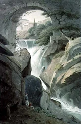 Le cascate di Tivoli con tre figure in primo piano