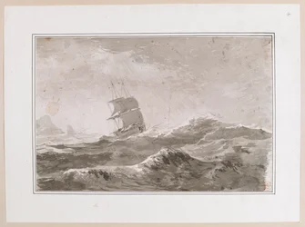 Disegno di una nave europea in mare agitato