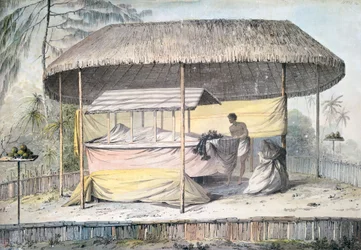 Funerale con defunto sotto baldacchino, Tahiti, Isole della Società, acquerello di John Webber dalla descrizione dell