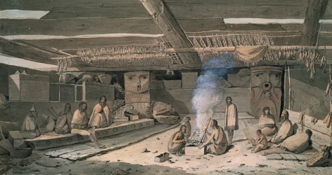 Interno di una casa dei nativi americani Nootka, disegno