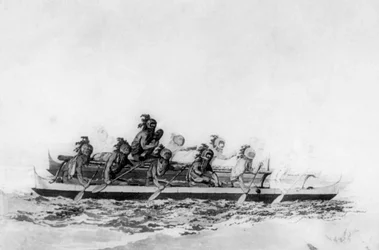 Hawaiani mascherati in una doppia canoa, c. 1770-1793