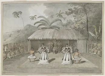 [Disegno completo] Una danza o heiva a Otaheite [Tahiti]. Due uomini e due donne che ballano, con tamburini dietro e spettatori ai lati. Settembre 1777