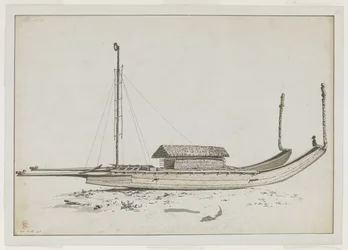 [Disegno intero] Una doppia canoa da viaggio di Otaheite [Tahiti], con intagli elaborati