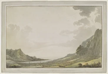 [Disegno completo]. Veduta dal porto di Aimeo [baia di Papetoai] verso il mare; nella baia sono visibili gli alberi della „Resolution“ e della „Discovery“. Il capitano Cook visitò Moorea nell