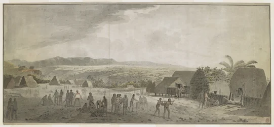 Disegno della visita del Capitano Cook al villaggio di Waimea, Atooi [Kauai], gennaio 1778. Alcuni uomini stanno rotolando barili, altri barattano con gli hawaiani. A destra, due nativi portano un maiale legato a un palo. Dietro di loro, capanne native