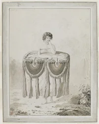 [Disegno completo] La donna di Tahiti è vestita secondo il costume chiamato «Atee»; il suo corpo è avvolto in una grande quantità di stoffa e ornato con due «Taames», o pettorali. La stoffa e i pettorali devono essere offerti in dono. Cook lo registra nel