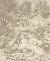 Figure su una riva rocciosa del fiume a Canonteign, Devon