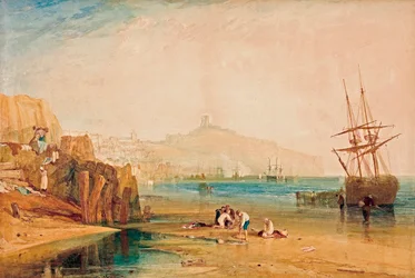 Veduta di Scarborough al mattino presto, bambini che cacciano i granchi