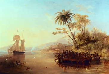 Una nave da rilevamento britannica nel Pacifico meridionale accolta dagli isolani in canoe a bilanciere, c.1840