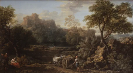 Un rustico con carro a buoi e altri viaggiatori in un paesaggio boscoso, 1740 circa (olio su tela)