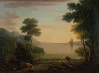 Paesaggio classico con figure e animali: tramonto