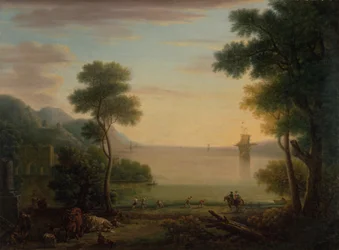 Paesaggio classico con figure e animali: Tramonto