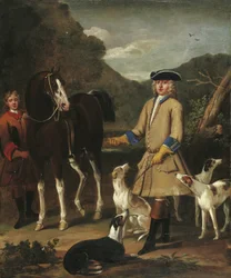 Edward, Lord Seymour, con il suo cavallo, il suo stalliere e i suoi cani, in un paesaggio