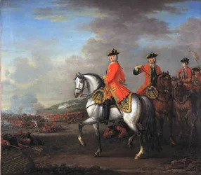 Re Giorgio II (1683-1760) alla battaglia di Dettingen, con il duca di Cumberland e Robert, 4° conte di Holderness, 27 giugno 1743