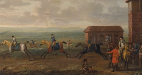 Lord Portmore che osserva i cavalli da corsa in esercizio a Newmarket Heath