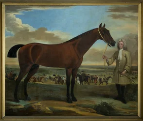 Scarr, un cavallo da corsa baio tenuto dal suo allenatore, A. Scottman