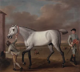 Il cavallo da corsa grigio del Duca di Hamilton, "Victorious", a Newmarket