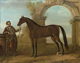 Il Godolphin Arabien, tenuto da un groom, in un paesaggio con un arco in rovina