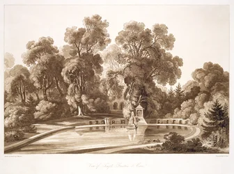 Veduta della Fontana del Tempio e della Grotta, Sezincote, inciso da Frederick Christian Lewis Snr. (1779-1856), c.1817-18