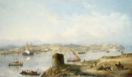 Una vista estesa di Lisbona sul fiume Tejo con la Praca do Terreiro do Paco, la vecchia cattedrale e il castello di S. Jorge