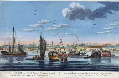 Veduta dei cantieri reali a Woolwich, sulla riva sinistra del Tamigi (Inghilterra), nella contea di Kent. Incisione a colori di John Clevely il Giovane