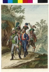 Fucilieri tirolesi che scortano prigionieri francesi