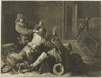 Tre uomini in lotta in un interno