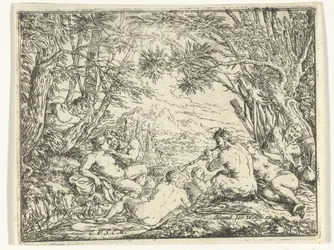 Satiro e ninfe in un bosco