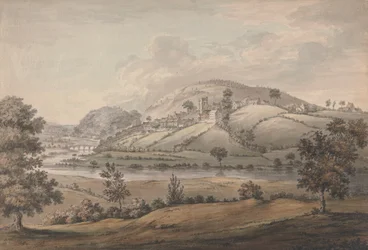 Paesaggio collinare con villaggio e fiume