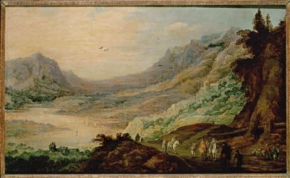 Paesaggio con valle fluviale ... (olio su legno di quercia)