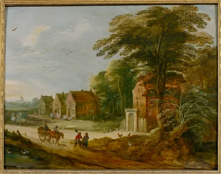 Viaggiatori che attraversano un villaggio