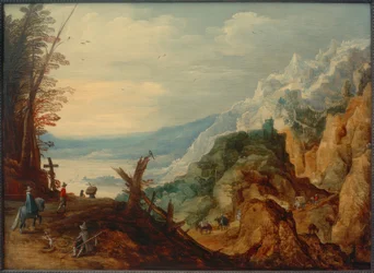 Paesaggio montano con viaggiatori