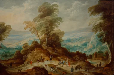 Paesaggio montano con gruppo di caccia